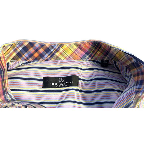 Bugatchi Mens Long Sleeve Striped Button Down Shirt Red Blue Contrast Cuff Large - Picture 3 of 16